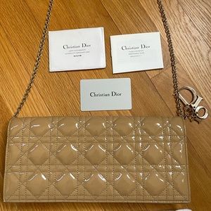 $1450Dior BeigeCannagePatent Leather  Chain Clutch